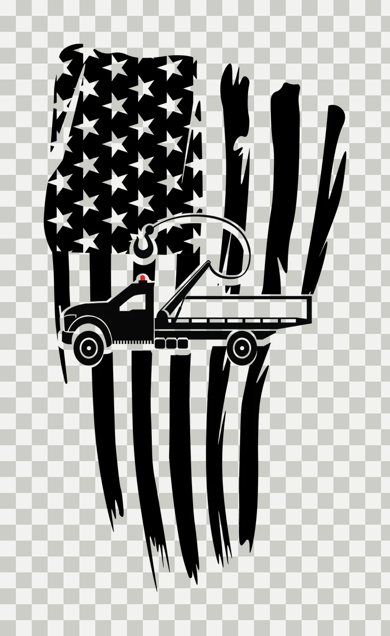 tow truck with hook, flag, stars in black, white silhouette Style transparency and detail preview thumbnail