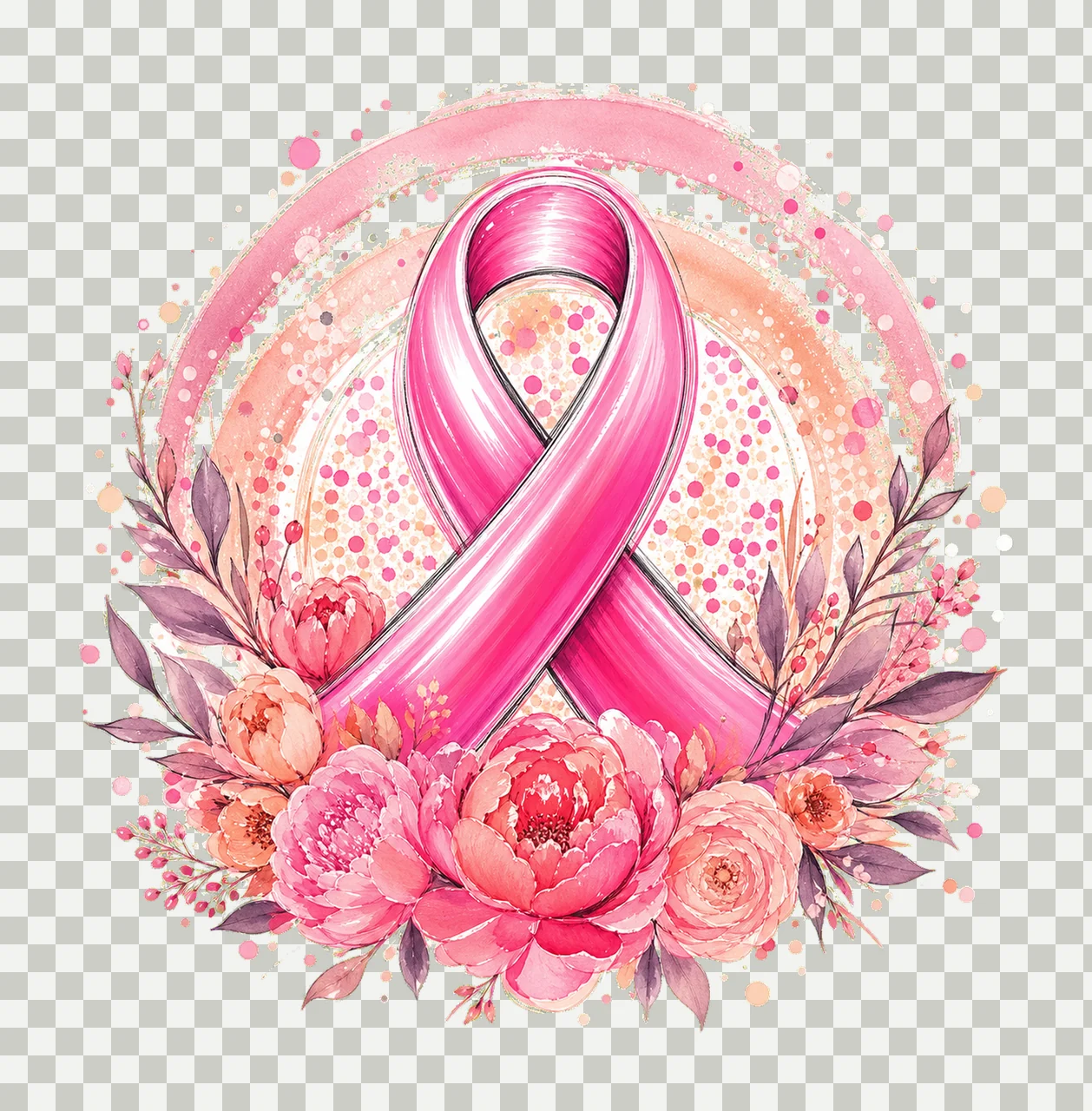 Pink Ribbon Circular Floral Frame awareness flowers leaves transparency and detail preview thumbnail