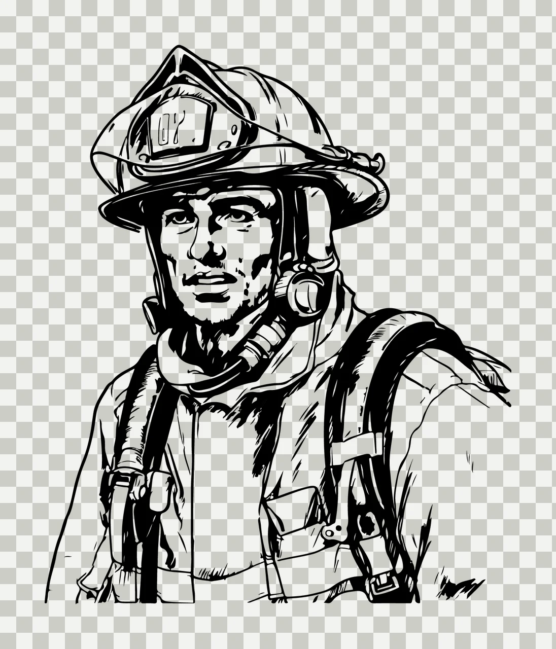 Firefighter In Uniform With Helmet standing person ink illustration transparency and detail preview thumbnail