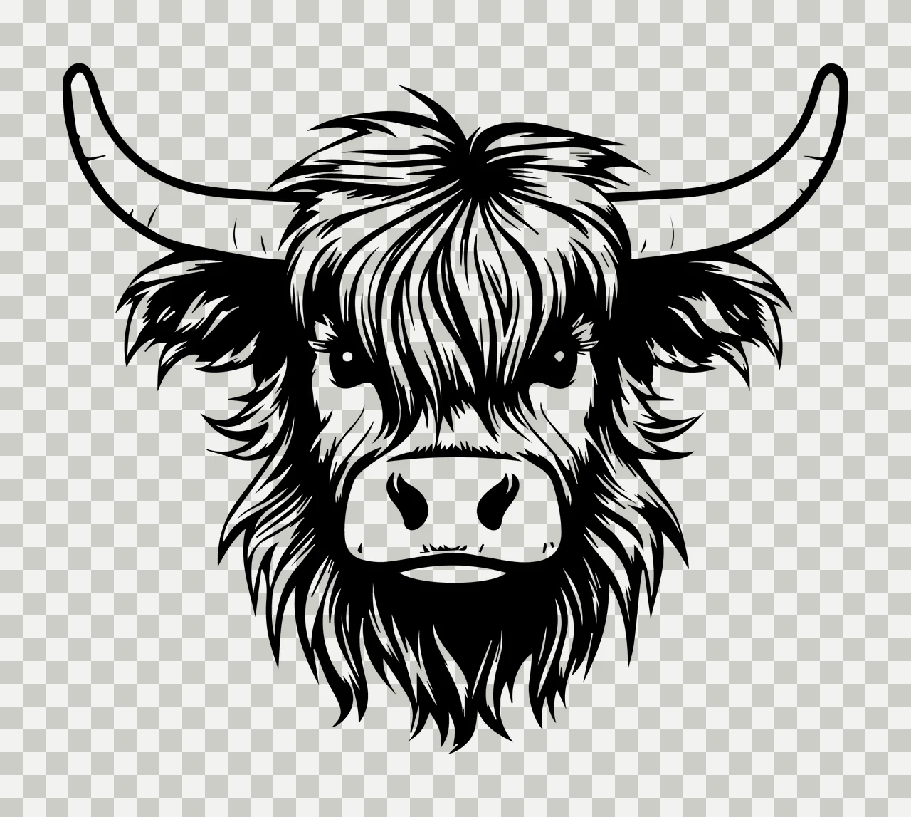 Highland Cattle Head Monochrome Illustration horns hair ears transparency and detail preview thumbnail