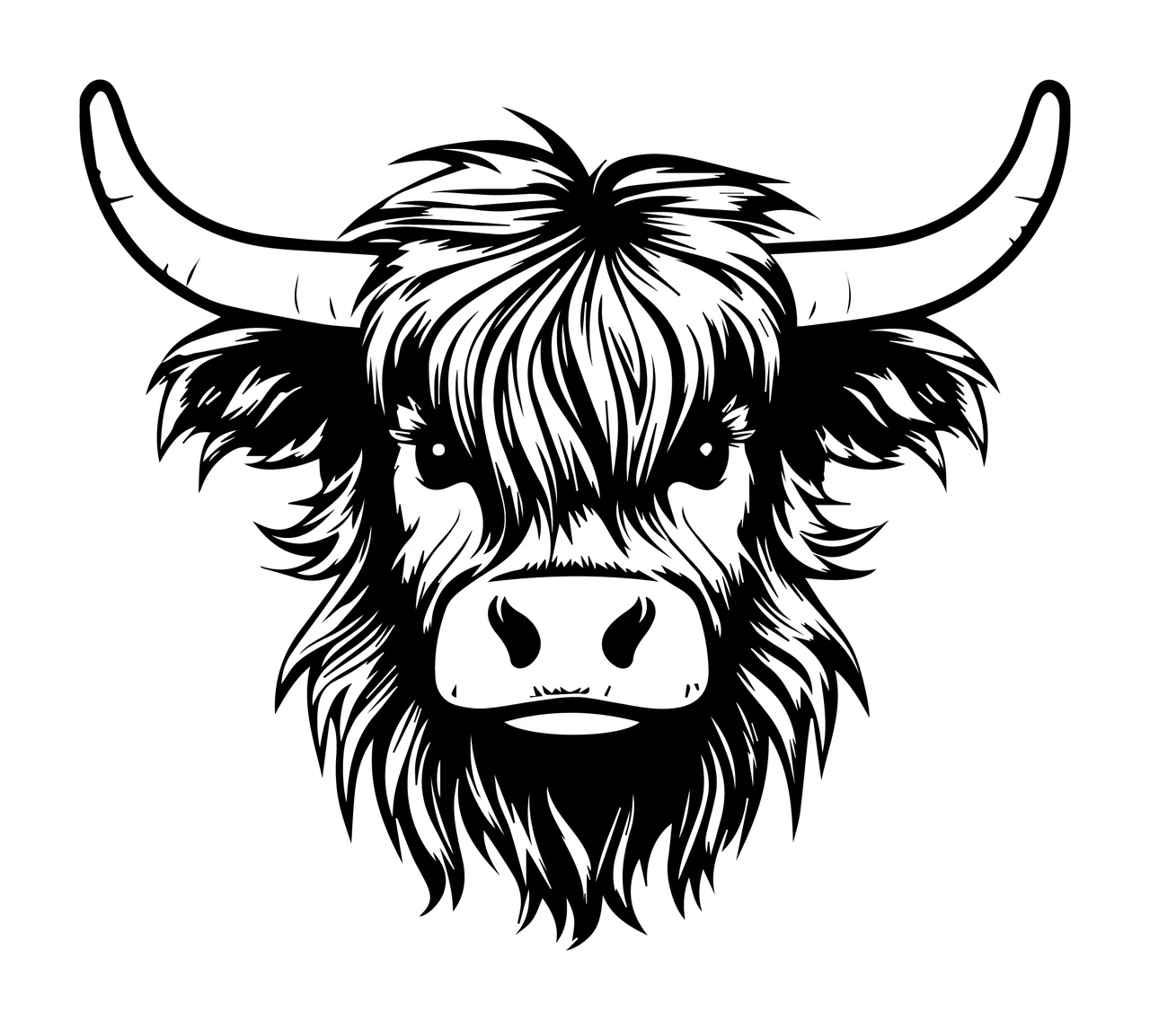 Highland Cattle Head Monochrome Illustration horns hair ears