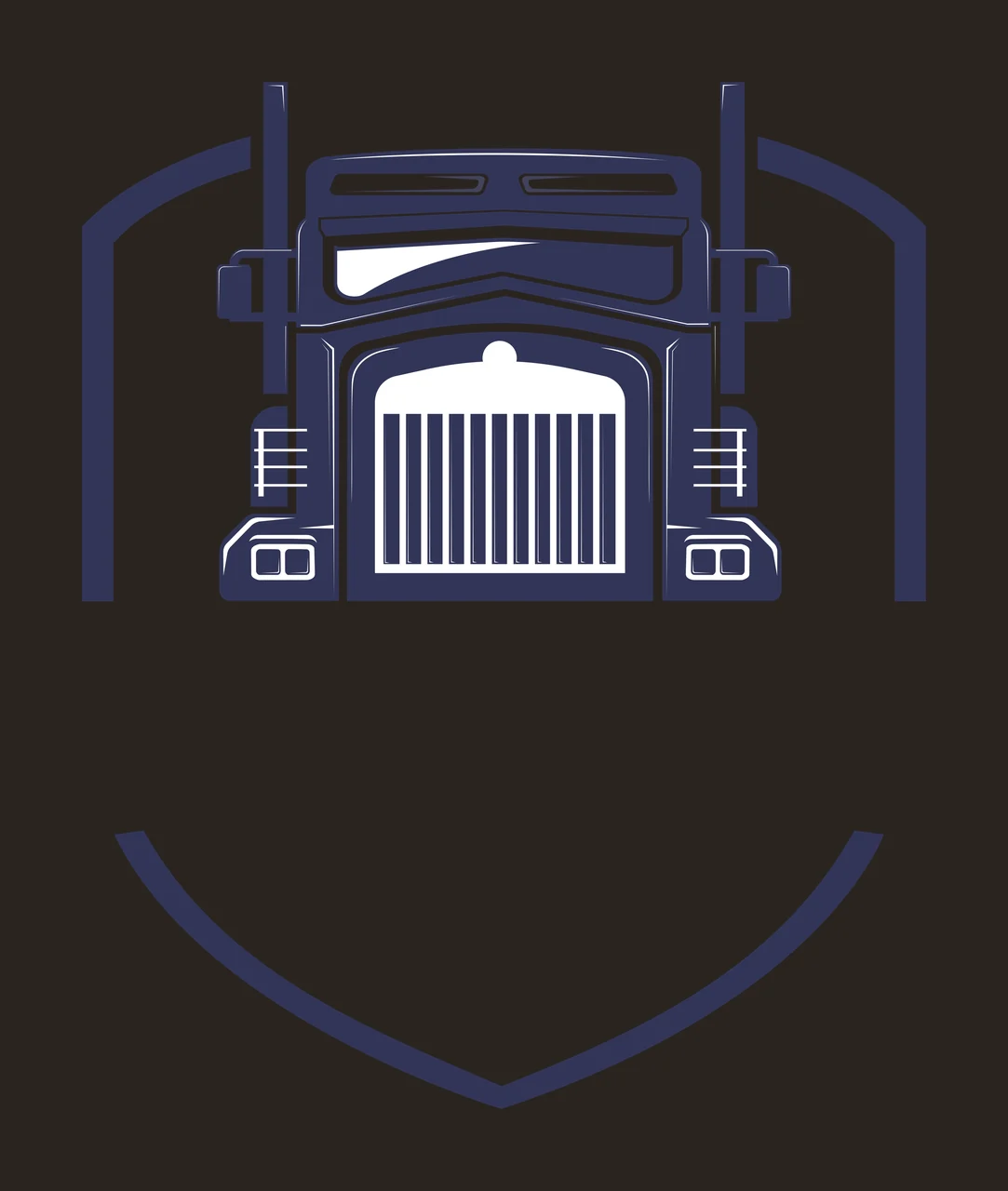 Silhouette Design of Semi-truck front view logo with arched frame on both sides and shield-like curved line below in navy blue and white contrast preview thumbnail