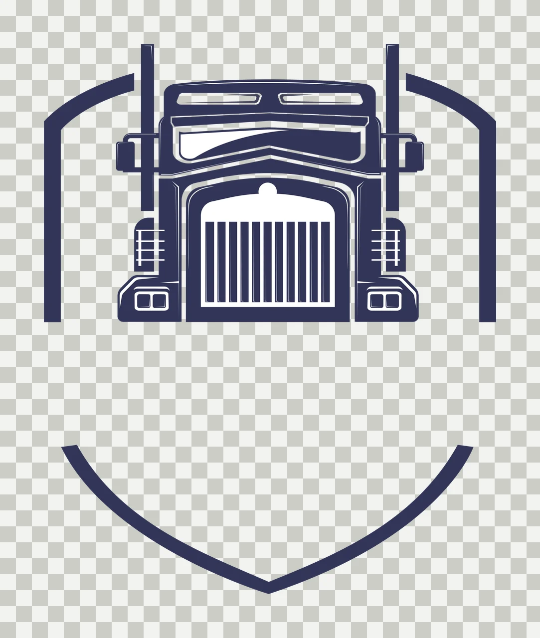 Silhouette Design of Semi-truck front view logo with arched frame on both sides and shield-like curved line below in navy blue and white transparency and detail preview thumbnail