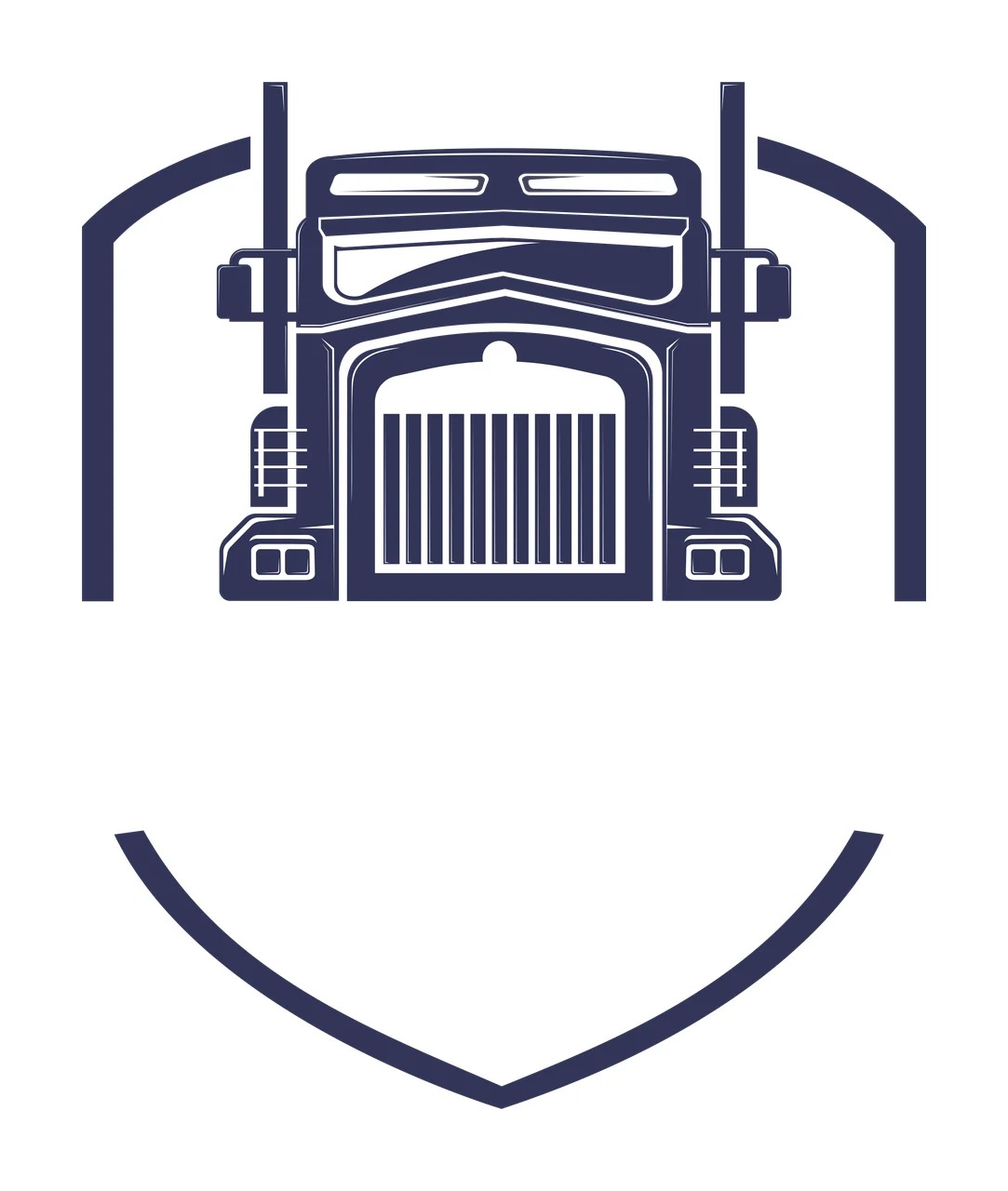 Silhouette Design of Semi-truck front view logo with arched frame on both sides and shield-like curved line below in navy blue and white