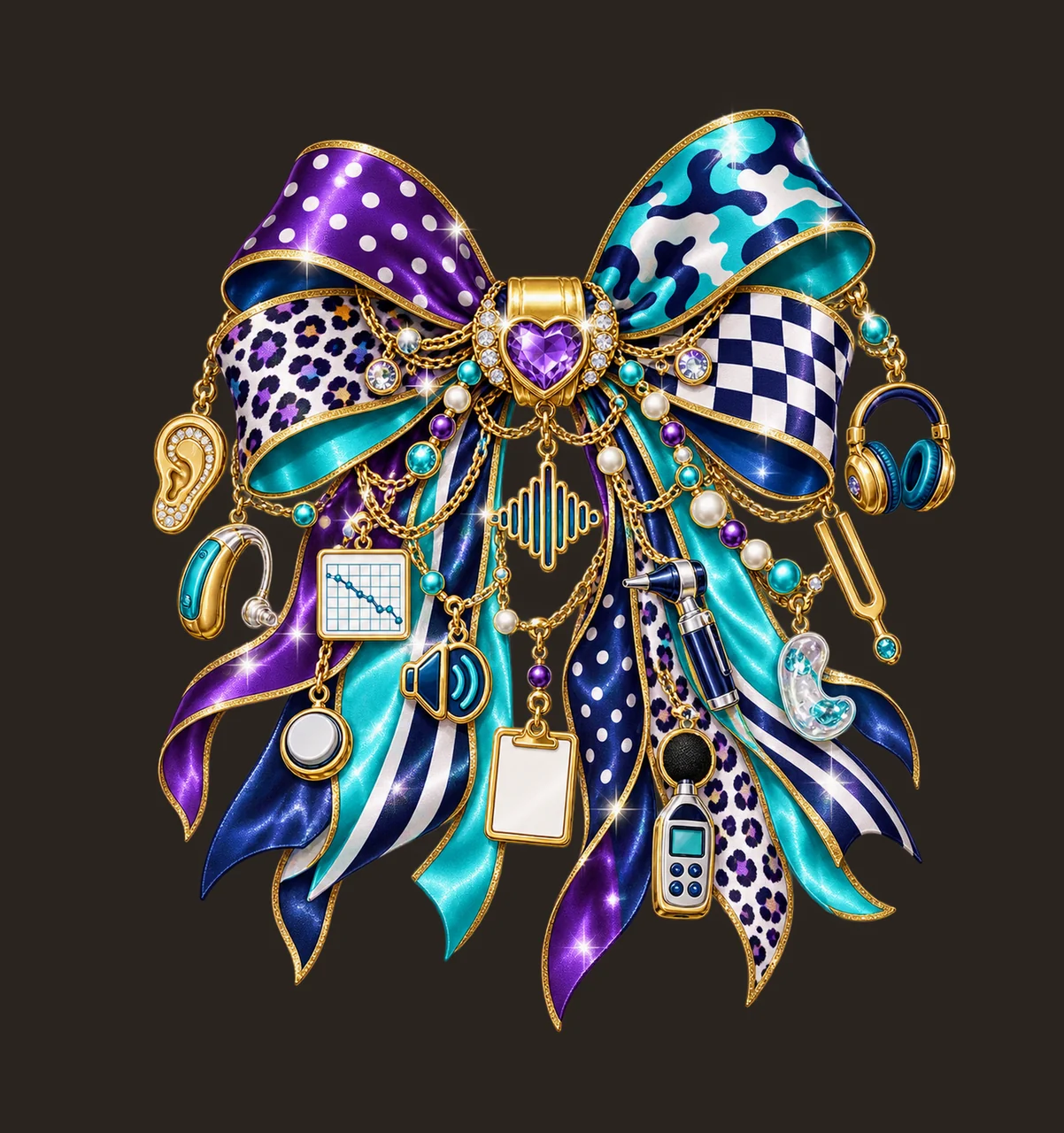 Audiologist Bow Charm PNG, Themed Gold Chain Charms, Coquette Ribbon Sublimation Design, Transparent Digital Download contrast preview thumbnail