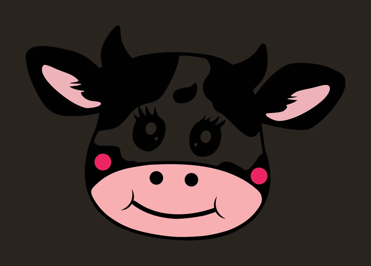 Cartoon Illustration of cow head with horns, ears, eyes with eyelashes and pink snout in black and white contrast preview thumbnail