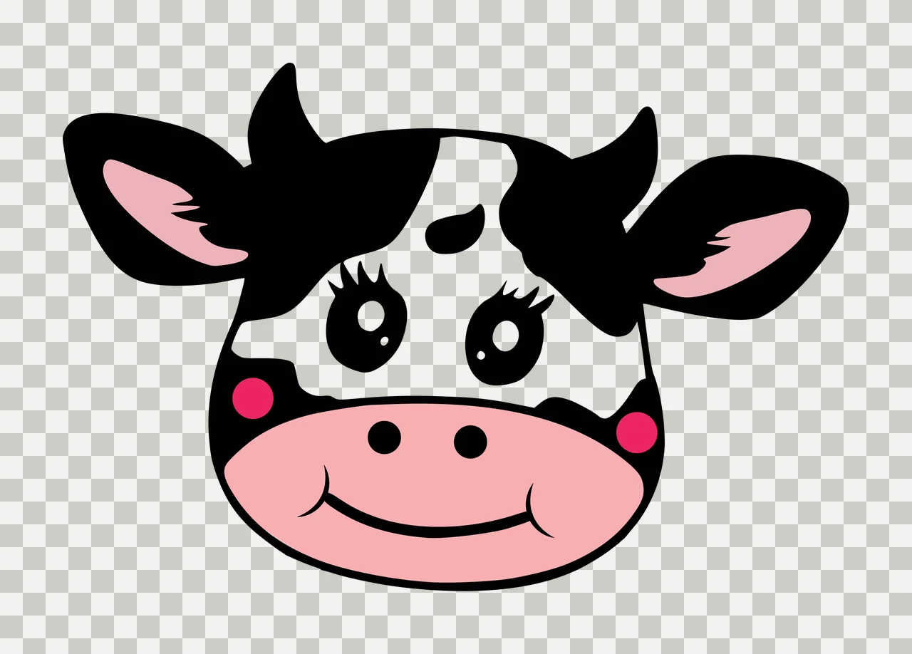 Cartoon Illustration of cow head with horns, ears, eyes with eyelashes and pink snout in black and white transparency and detail preview thumbnail