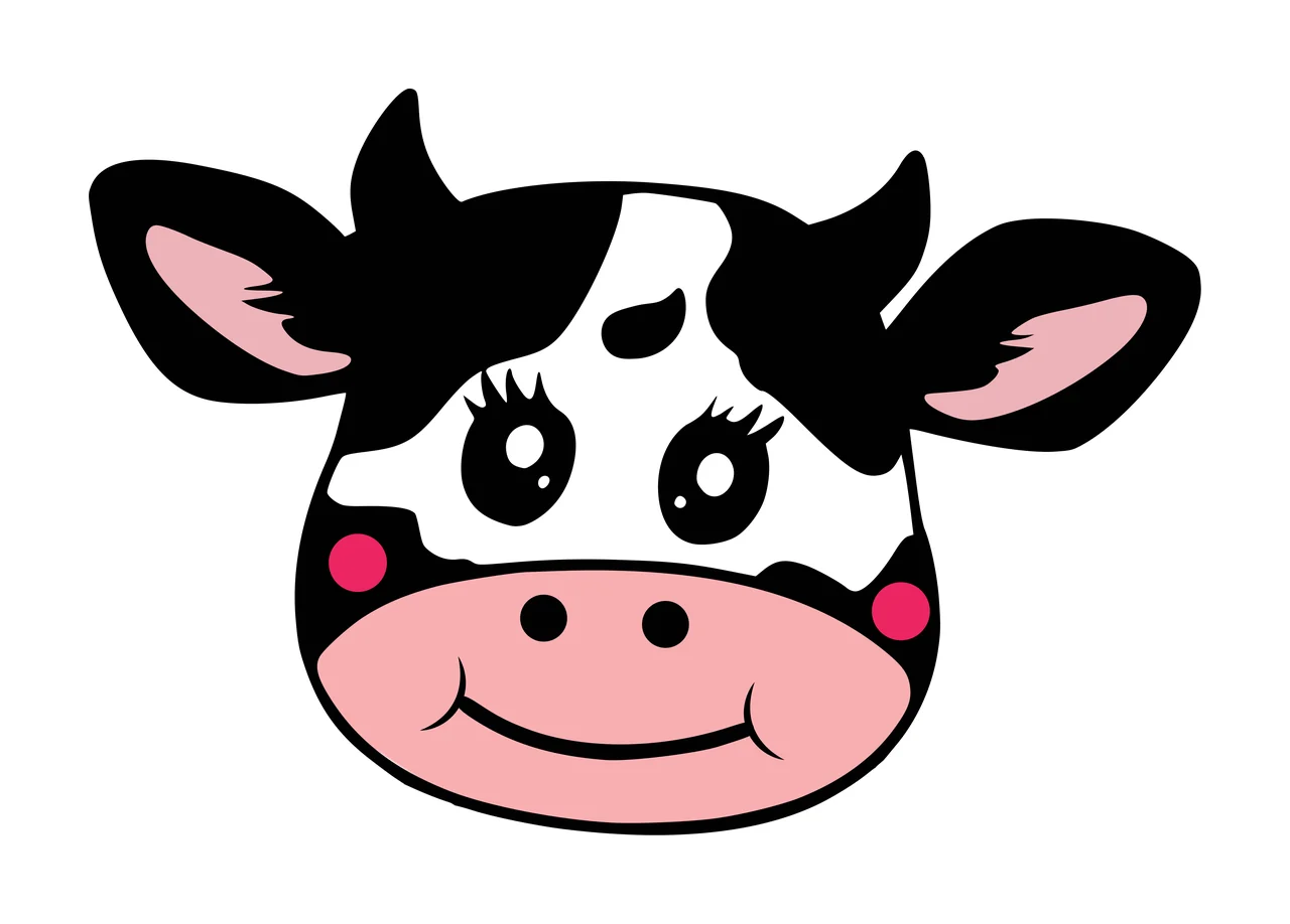 Cartoon Illustration of cow head with horns, ears, eyes with eyelashes and pink snout in black and white