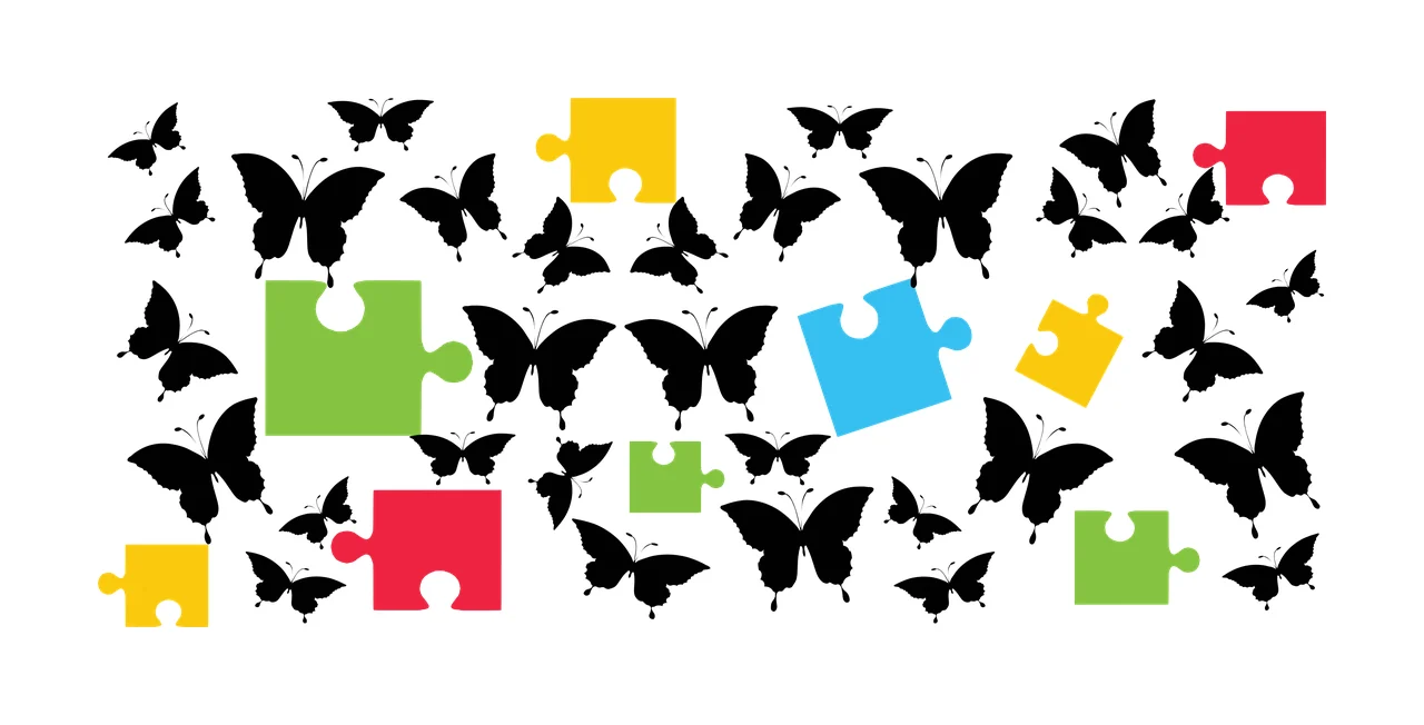 Butterflies and puzzle pieces Illustration with black butterflies, yellow puzzle piece, red puzzle piece and green puzzle piece