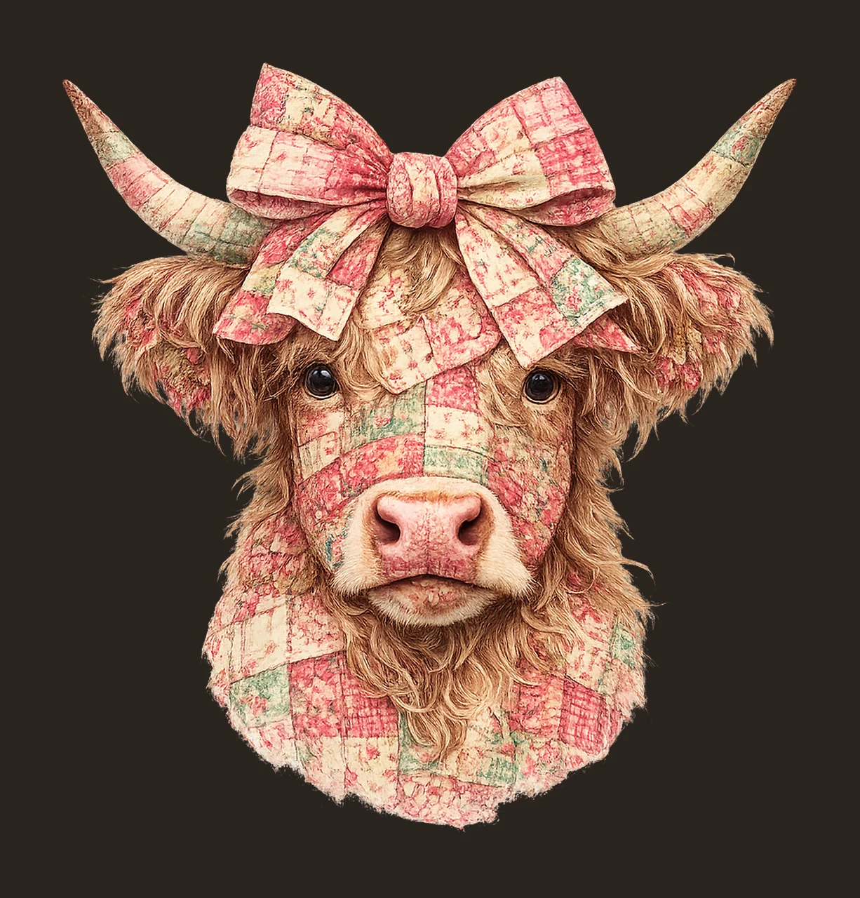 Patchwork Floral Highland Cow Faux Embroidery Cow Art contrast preview thumbnail