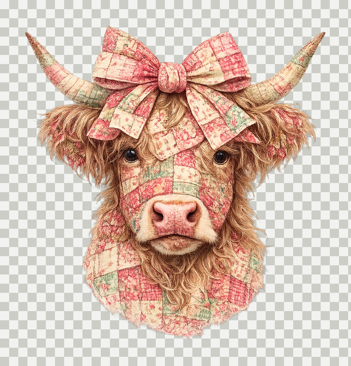 Patchwork Floral Highland Cow Faux Embroidery Cow Art transparency and detail preview thumbnail