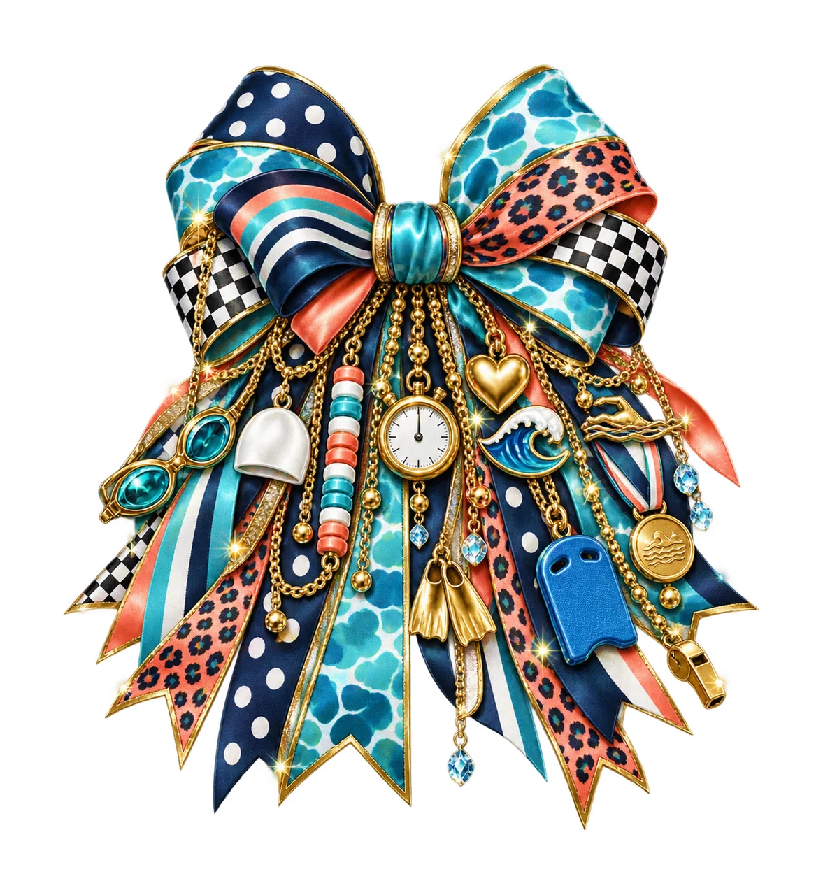 Swim Mom Bow Charm PNG, Themed Gold Chain Charms, Coquette Ribbon Sublimation Design, Transparent Digital Download