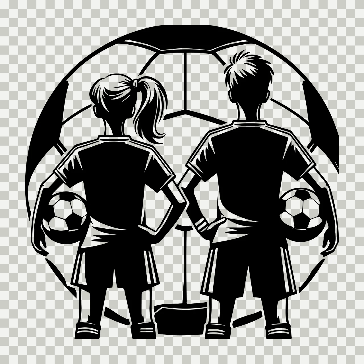 Soccer Ball Two Players Standing Behind silhouette black white transparency and detail preview thumbnail