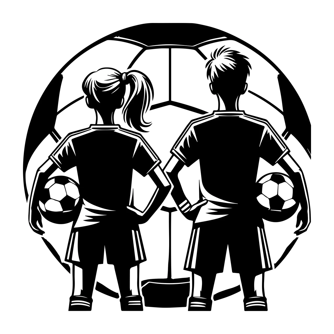 Soccer Ball Two Players Standing Behind silhouette black white