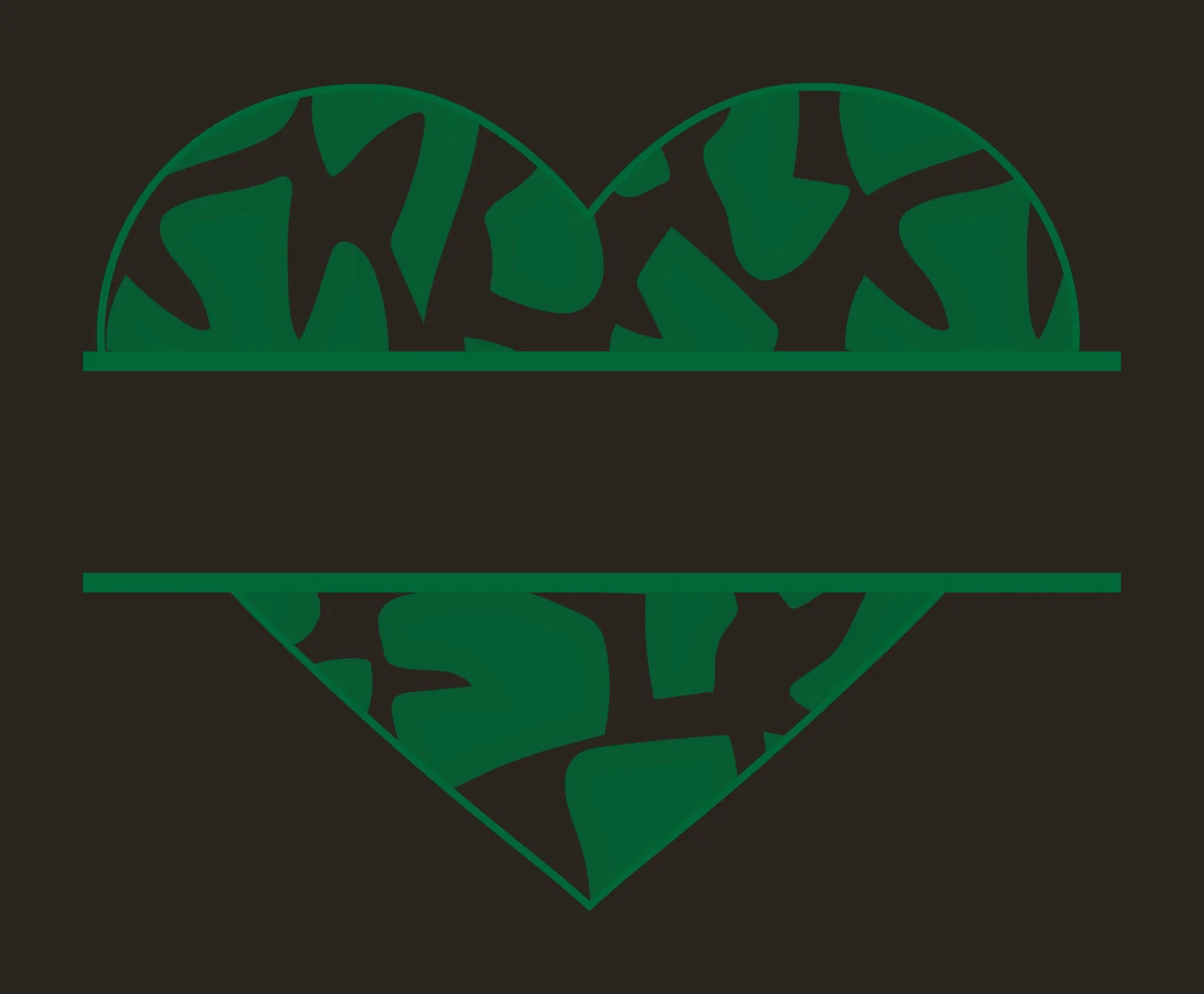 Split heart monogram frame with heart shape, split banner, horizontal lines and green abstract pattern in dark green and white contrast preview thumbnail