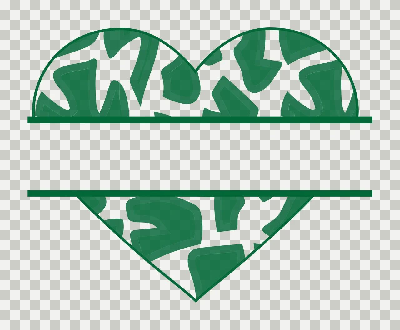 Split heart monogram frame with heart shape, split banner, horizontal lines and green abstract pattern in dark green and white transparency and detail preview thumbnail