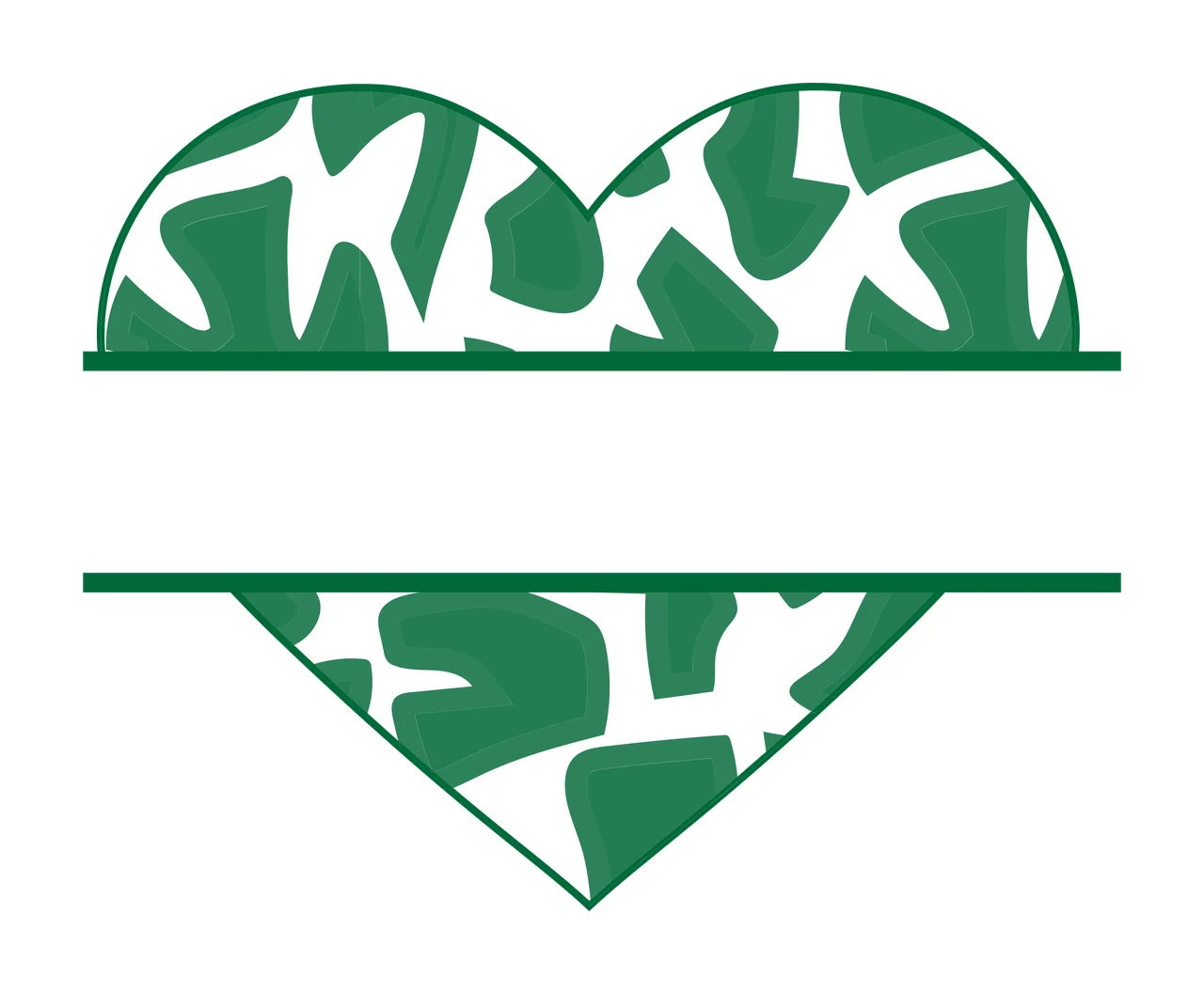 Split heart monogram frame with heart shape, split banner, horizontal lines and green abstract pattern in dark green and white