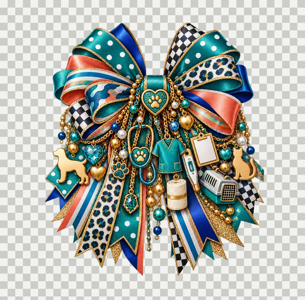 Veterinary Technician Bow Charm PNG, Themed Gold Chain Charms, Coquette Ribbon Sublimation Design, Transparent Digital Download transparency and detail preview thumbnail