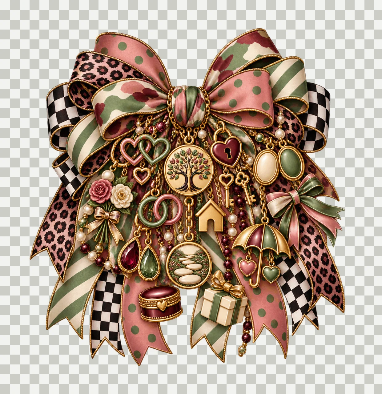 Stepmom Bow Charm PNG, Themed Gold Chain Charms, Coquette Ribbon Sublimation Design, Transparent Digital Download transparency and detail preview thumbnail