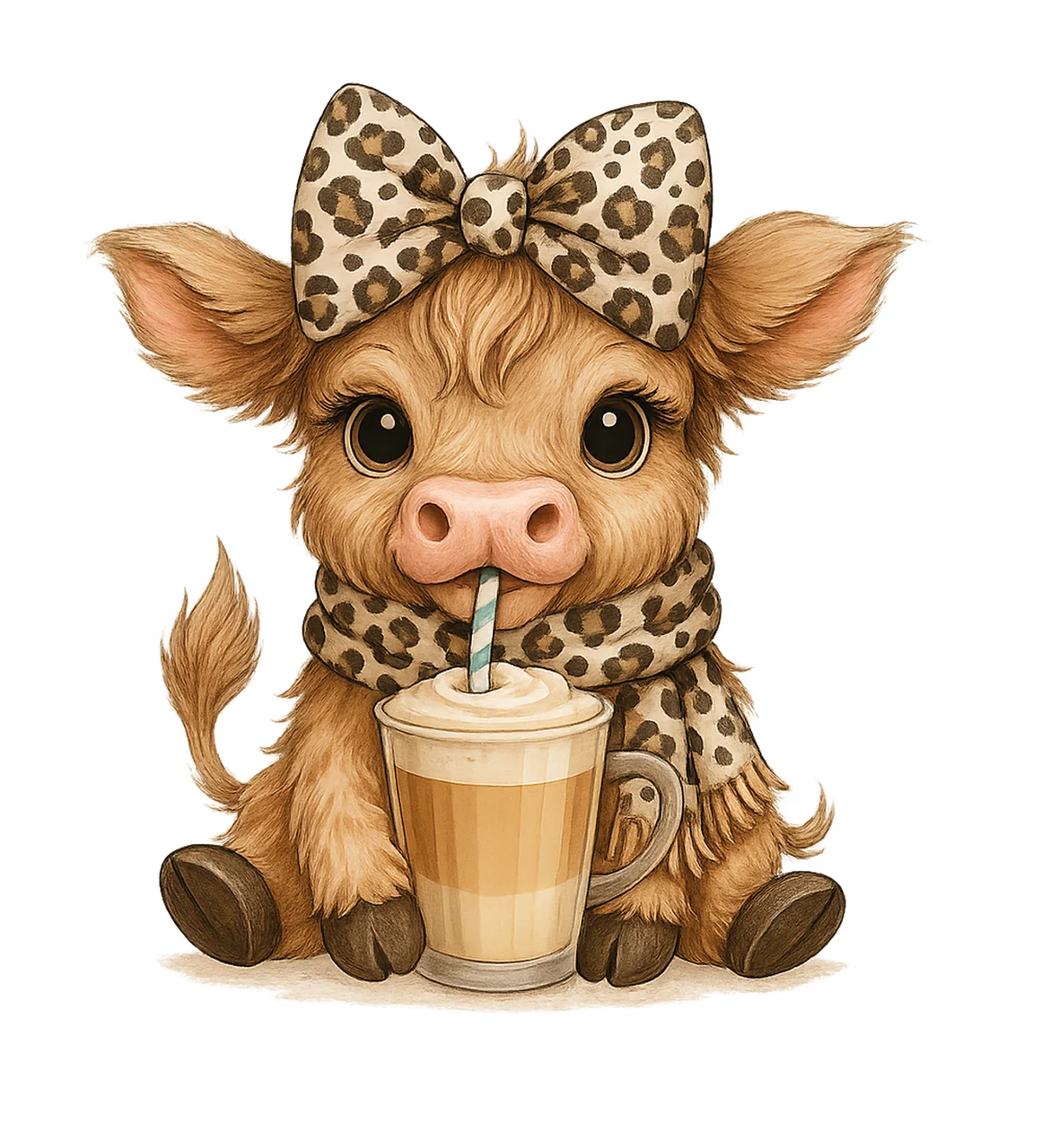 Coffee Cow Fluffy Drinking With Black Background leopard