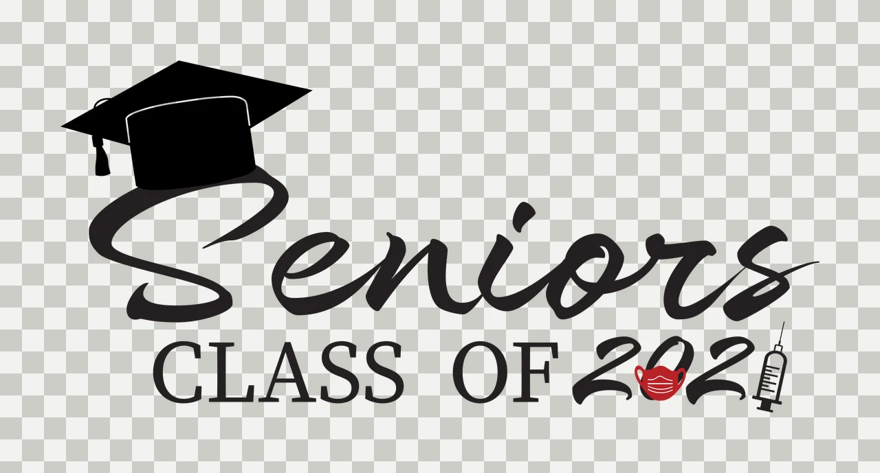 Seniors CLASS OF 2021 Graduation commemorative design with black graduation cap, cursive 'Seniors', block 'CLASS OF' and red face mask icon transparency and detail preview thumbnail