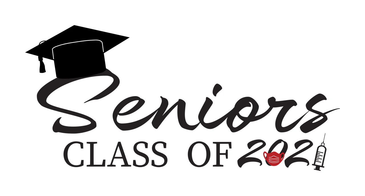 Seniors CLASS OF 2021 Graduation commemorative design with black graduation cap, cursive 'Seniors', block 'CLASS OF' and red face mask icon