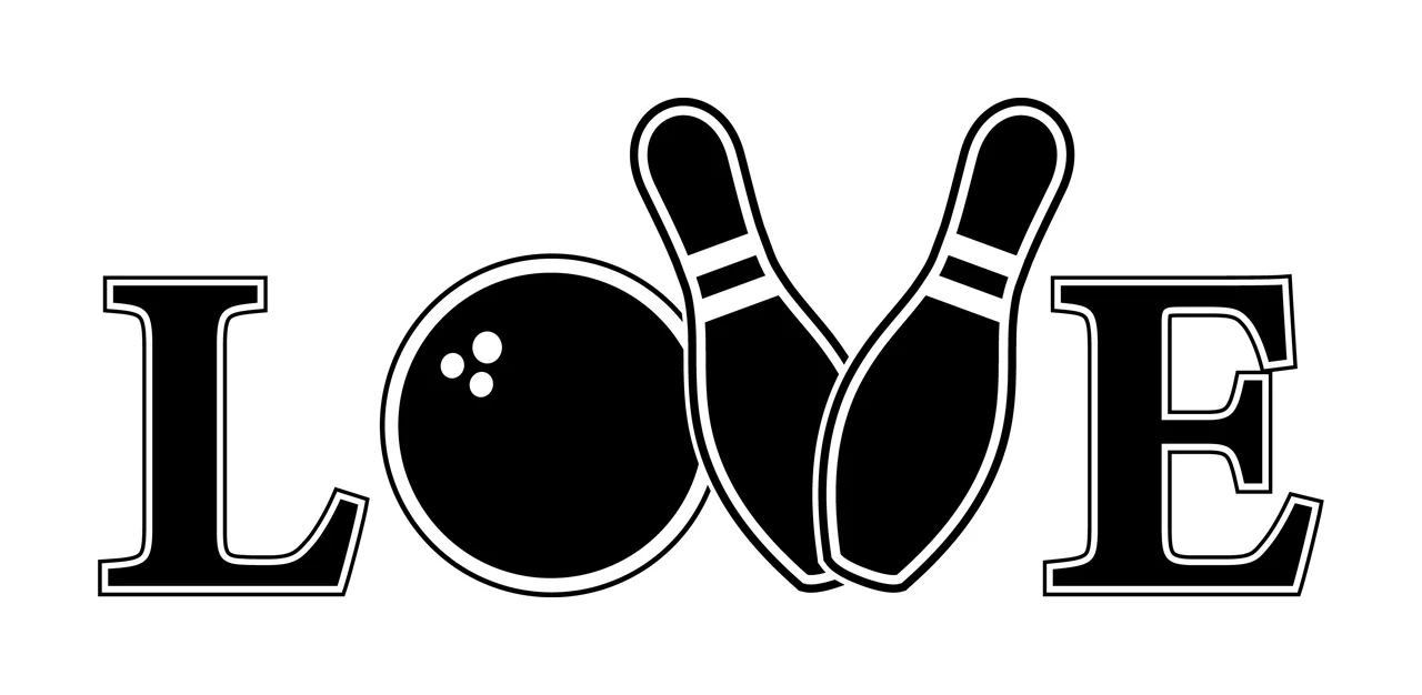Bowling Love Text Graphic Featuring Black Ball and pins stationary