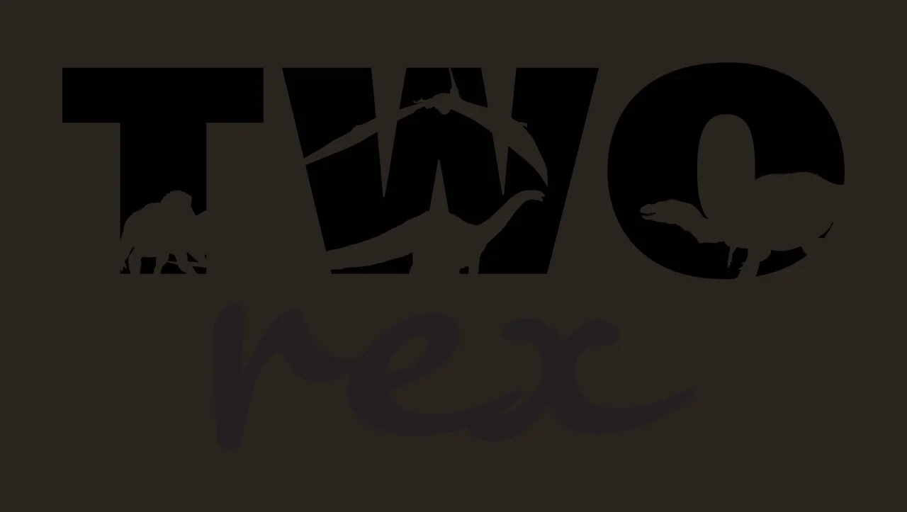 TWO rex dinosaur typography with bold block text TWO, script text rex, Triceratops silhouette and Pterodactyl silhouette in black and white contrast preview thumbnail