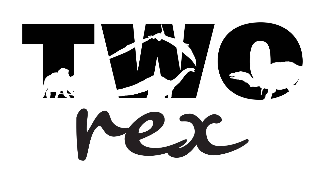 TWO rex dinosaur typography with bold block text TWO, script text rex, Triceratops silhouette and Pterodactyl silhouette in black and white