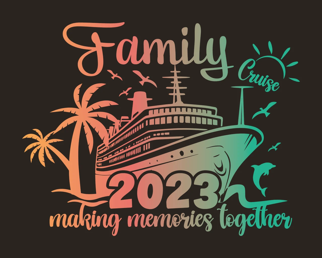 Ship Family With Palms sailing palm trees birds sun dolphin contrast preview thumbnail