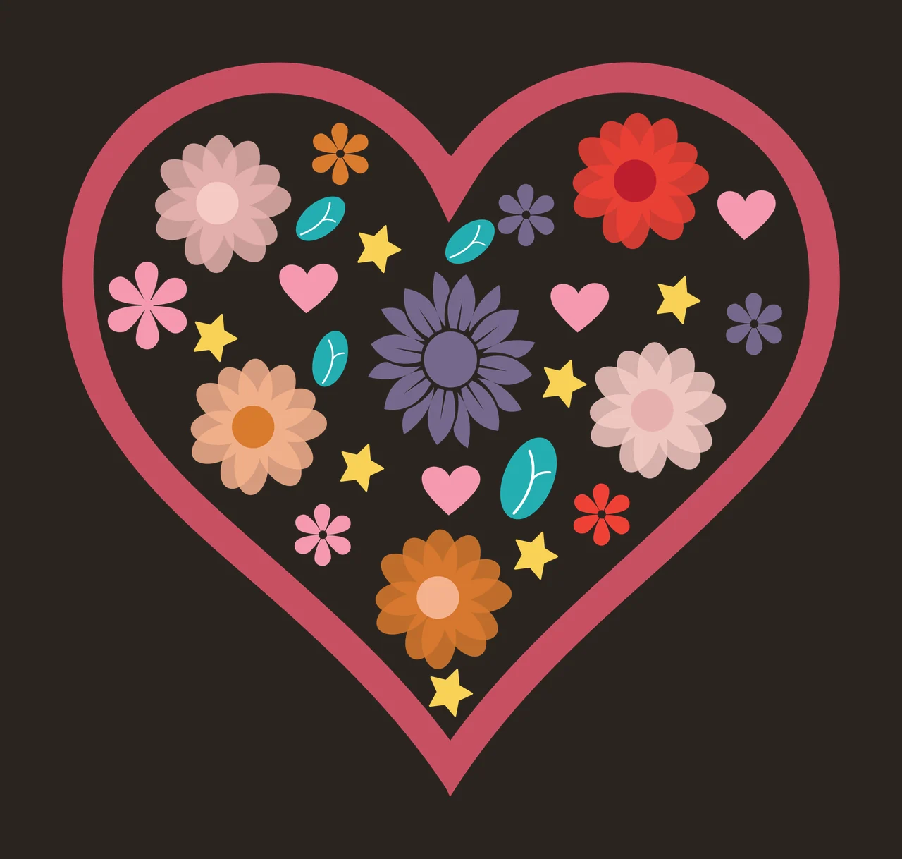 Heart shape with floral pattern Illustration with heart outline, flowers, small hearts and yellow stars in pink, dark pink and red contrast preview thumbnail