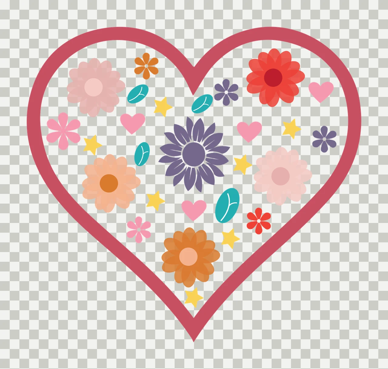 Heart shape with floral pattern Illustration with heart outline, flowers, small hearts and yellow stars in pink, dark pink and red transparency and detail preview thumbnail