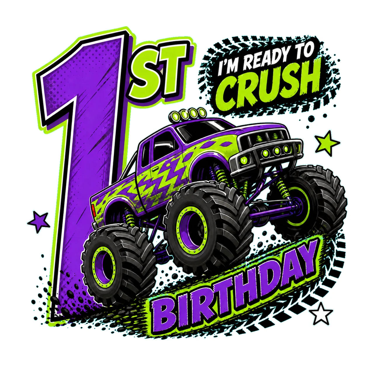 1 Monster Truck Birthday PNG, I'm Ready to Crush 1st Birthday Sublimation Design, Purple Green Truck Boy Shirt Clipart Download PNG File