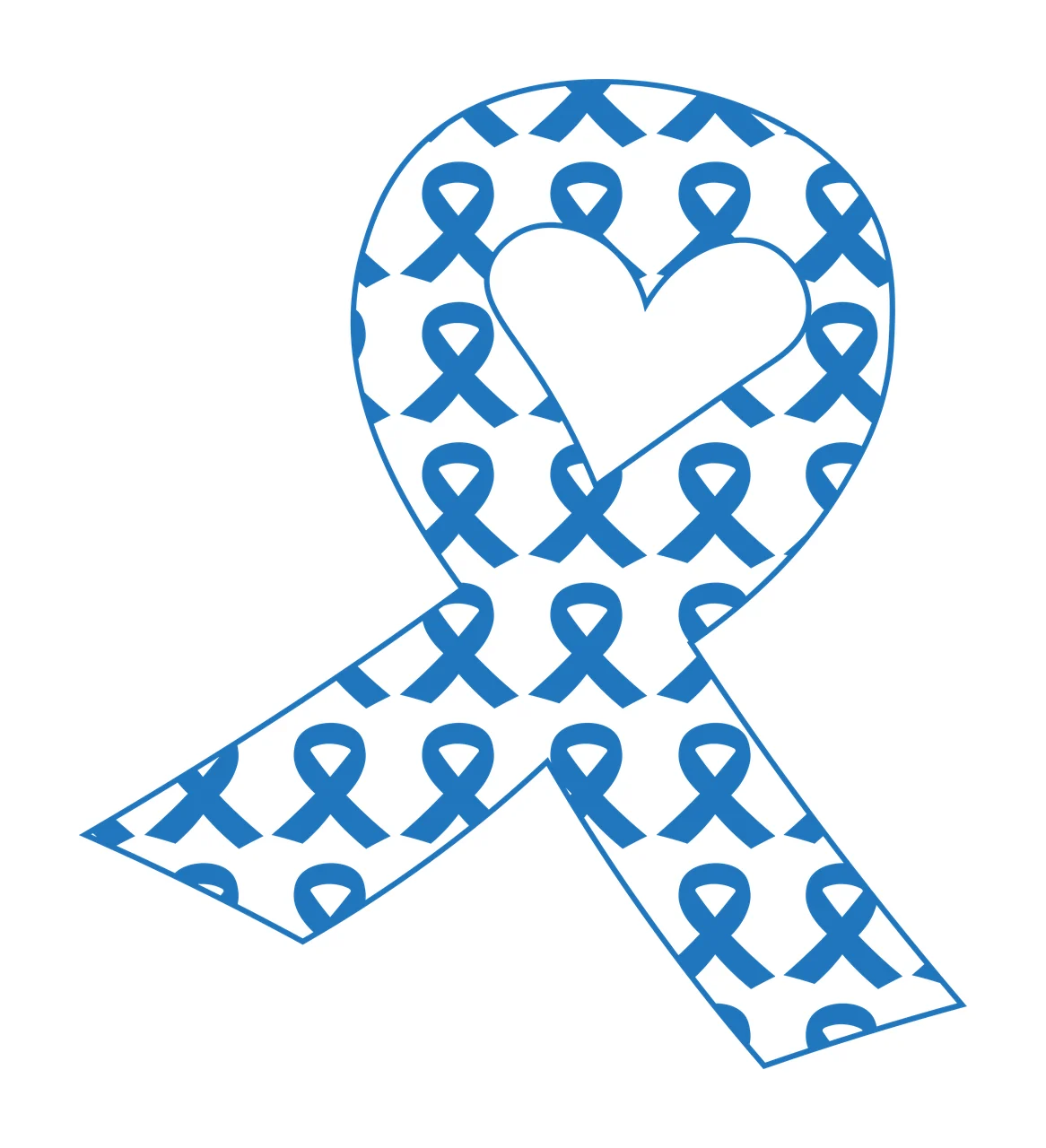 Blue awareness ribbon with patterned interior and heart-shaped cutout Illustration with repeating small blue ribbons in white