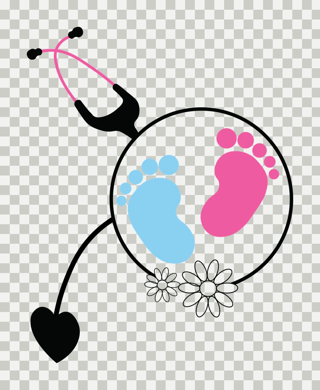 Baby Stethoscope Circling Footprints Design flowers heart black transparency and detail preview thumbnail