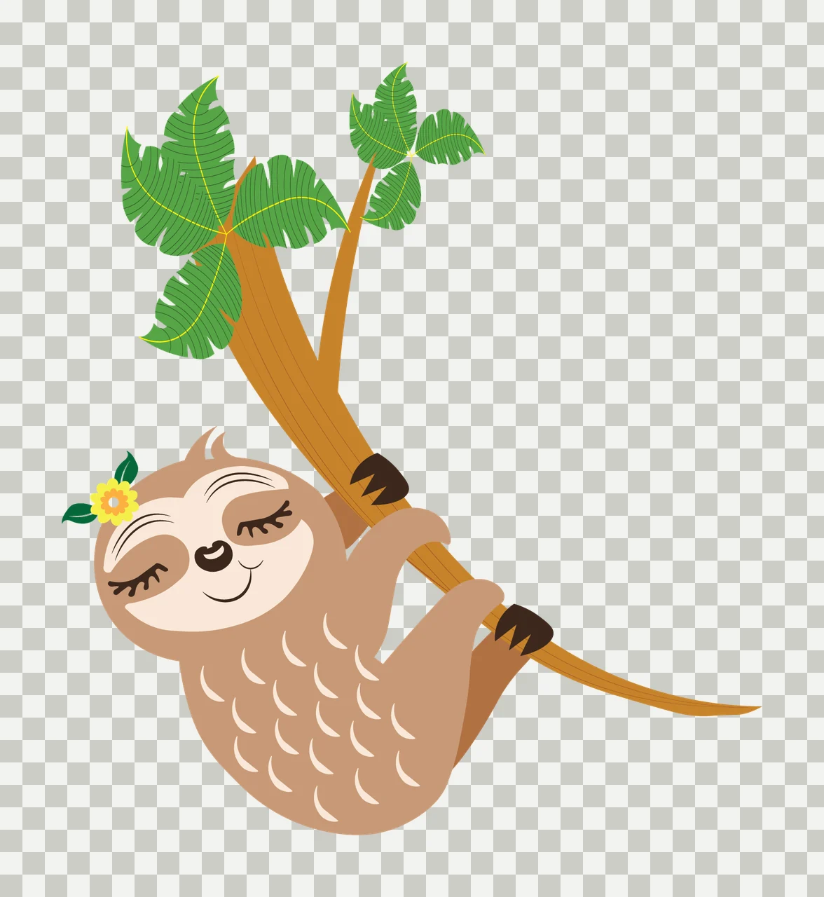 Animal Silhouette Sloth Climbing Palm Tree Branches leaf flower transparency and detail preview thumbnail