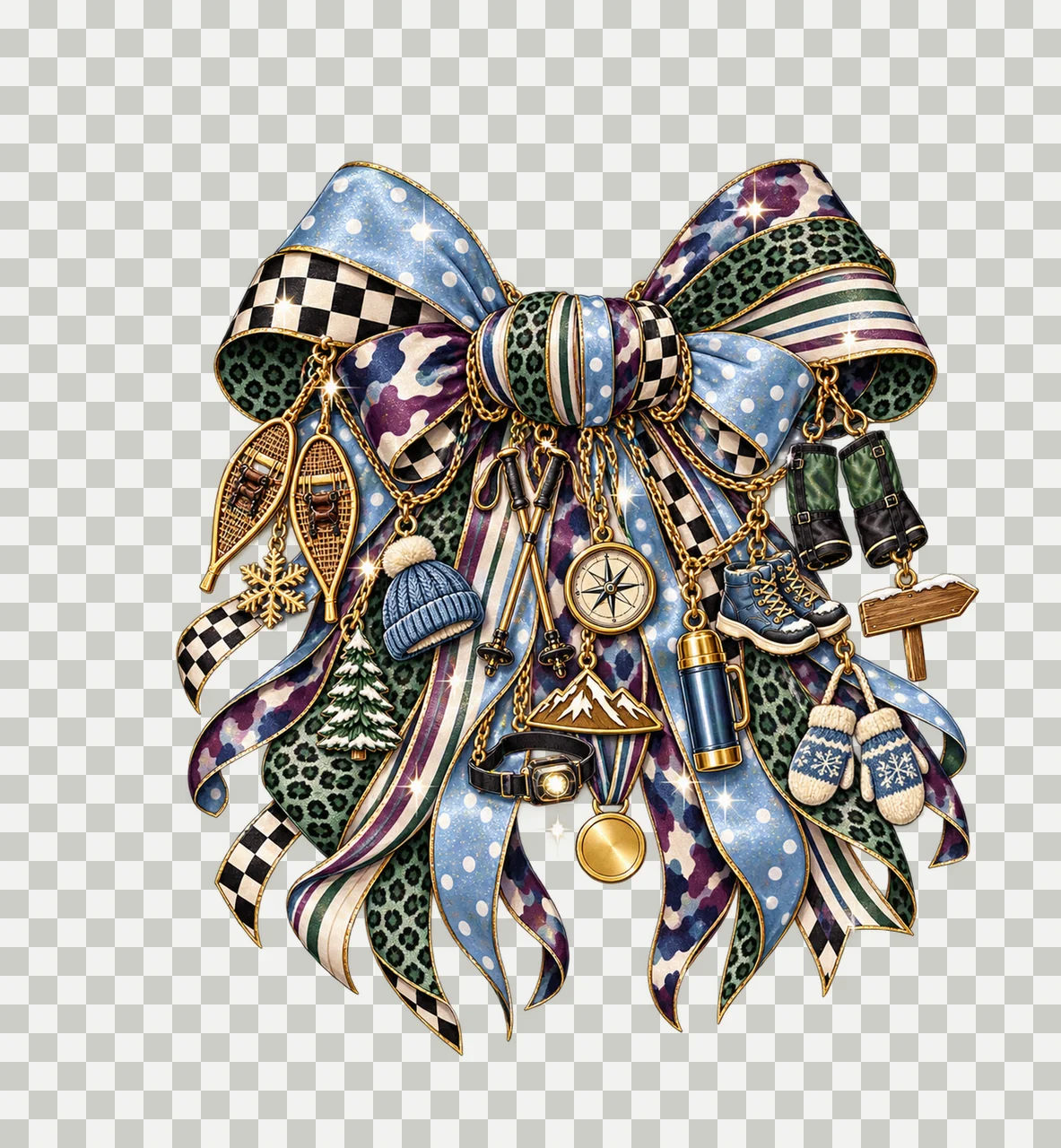 Snowshoeing Lover Bow Charm PNG, Themed Gold Chain Charms, Coquette Ribbon Sublimation Design, Transparent Digital Download transparency and detail preview thumbnail