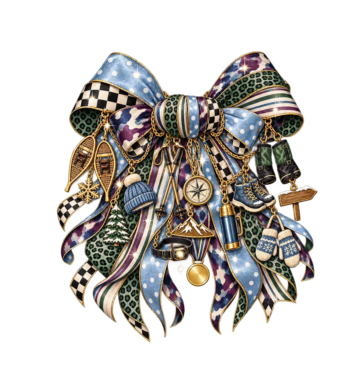 Snowshoeing Lover Bow Charm PNG, Themed Gold Chain Charms, Coquette Ribbon Sublimation Design, Transparent Digital Download