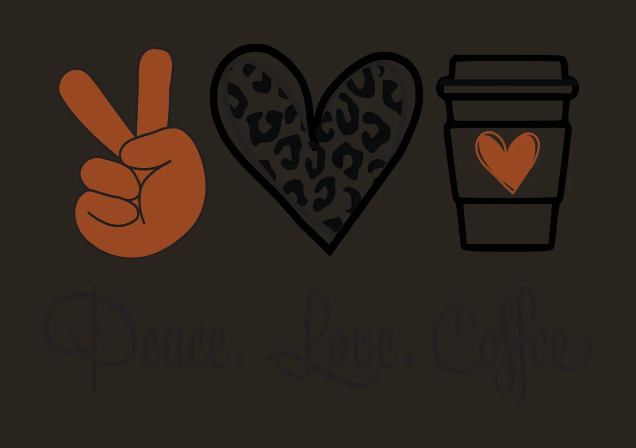 Peace. Love. Coffee Peace. Love. Coffee. design with brown hand making peace sign, leopard-print heart, coffee cup with brown heart and cursive text 'Peace Love Coffee' in black and white contrast preview thumbnail