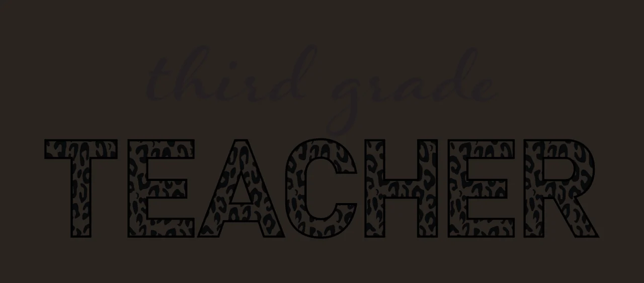 Third grade TEACHER Typography Design with cursive script text, block lettering and leopard print pattern in black and white contrast preview thumbnail
