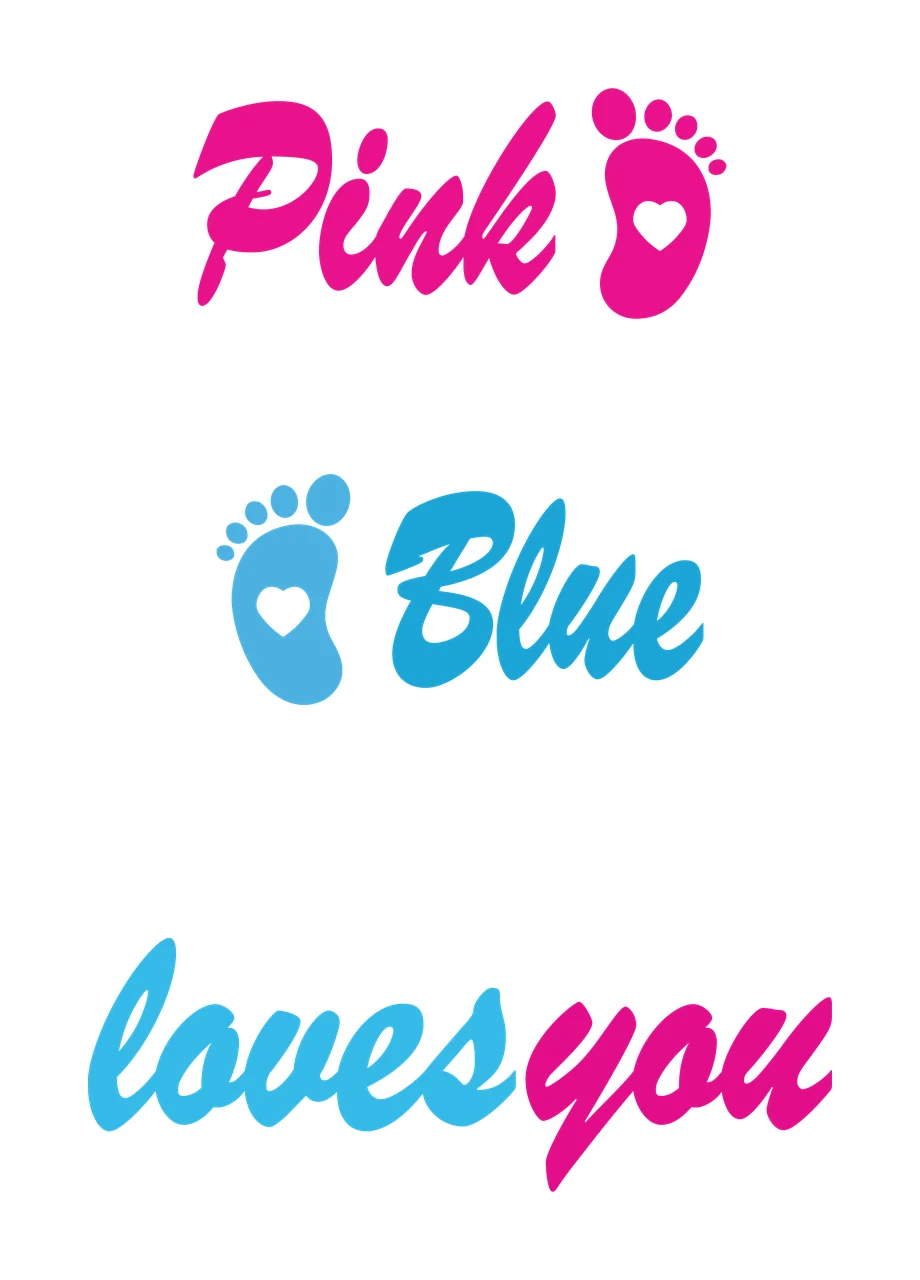Pink Blue loves you baby footprints typography with pink footprint icon, heart cutout shapes and cursive script lettering in white
