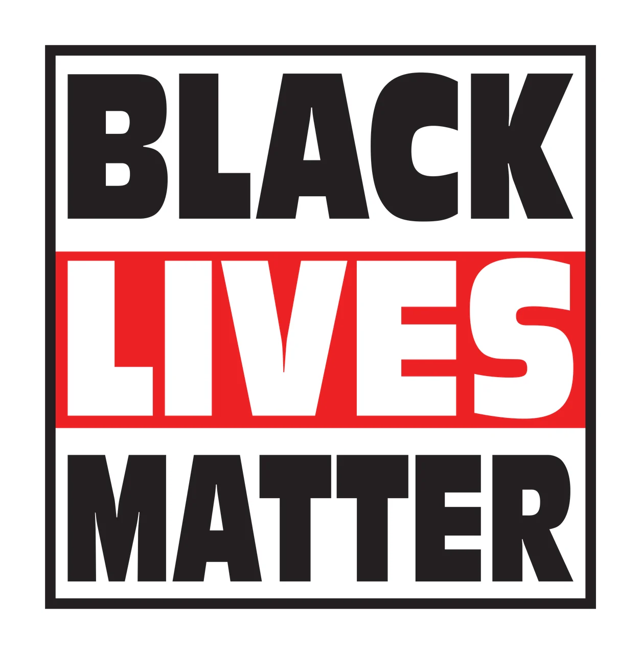 BLACK LIVES MATTER Typography Design with bold sans-serif lettering, red horizontal banner, black square border and three line text layout in white