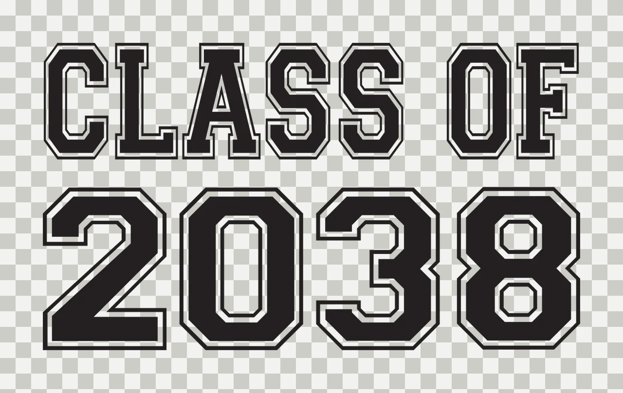 CLASS OF 2038 Typography Design with black and white lettering and varsity font transparency and detail preview thumbnail