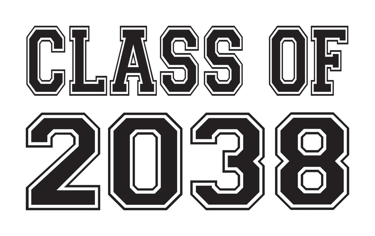 CLASS OF 2038 Typography Design with black and white lettering and varsity font