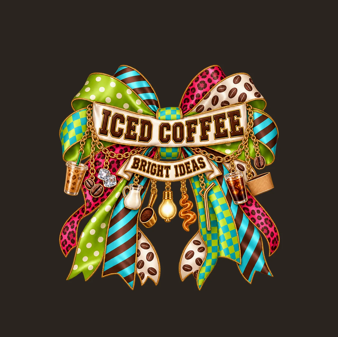 Iced Coffee Bright Ideas Bow Charm PNG, Iced Coffee Quote Clipart, Transparent Sublimation Digital Download contrast preview thumbnail