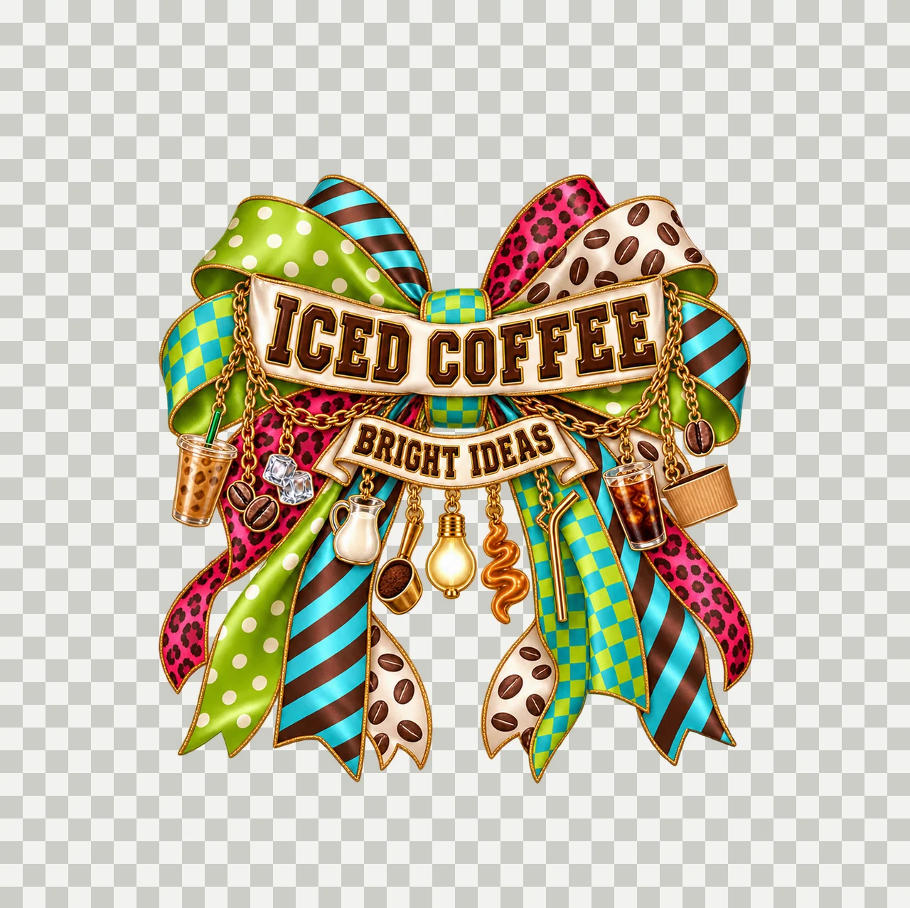 Iced Coffee Bright Ideas Bow Charm PNG, Iced Coffee Quote Clipart, Transparent Sublimation Digital Download transparency and detail preview thumbnail