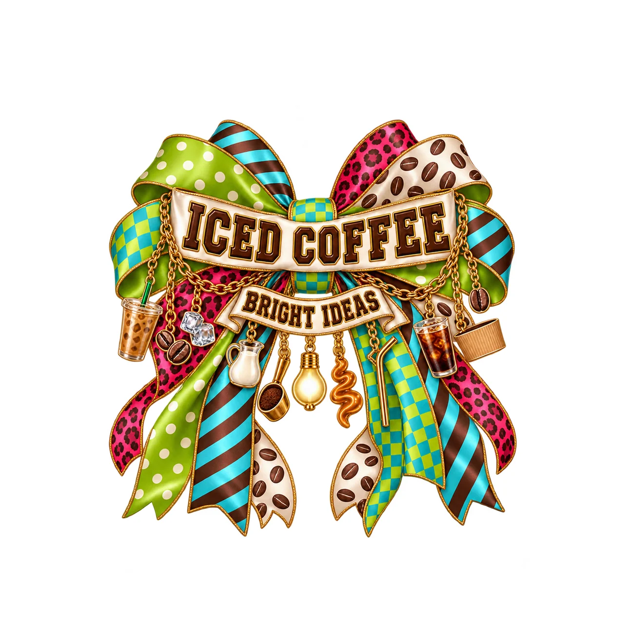 Iced Coffee Bright Ideas Bow Charm PNG, Iced Coffee Quote Clipart, Transparent Sublimation Digital Download