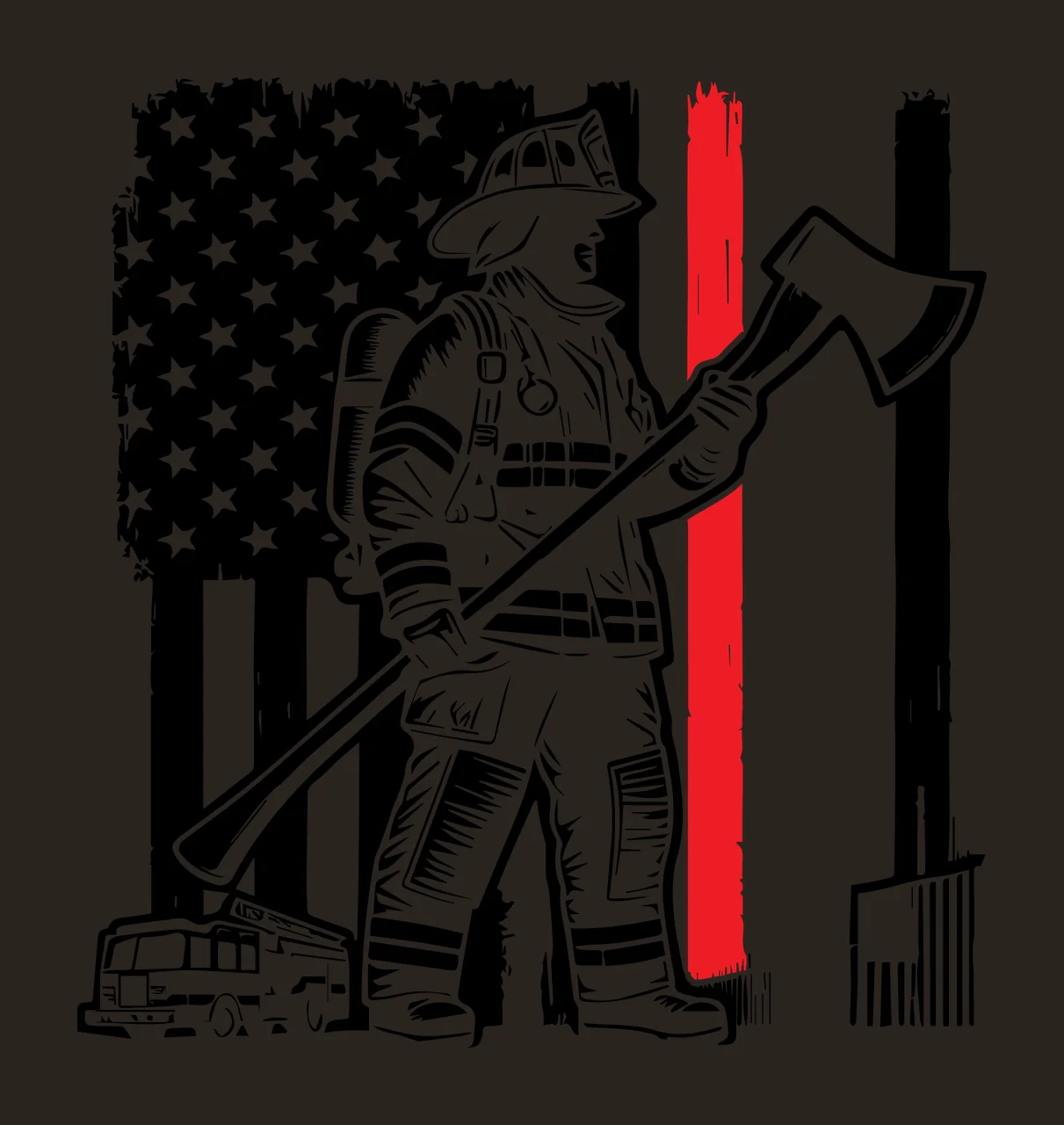 Flag Firefighter With Axe Silhouette holding fire truck black contrast preview thumbnail