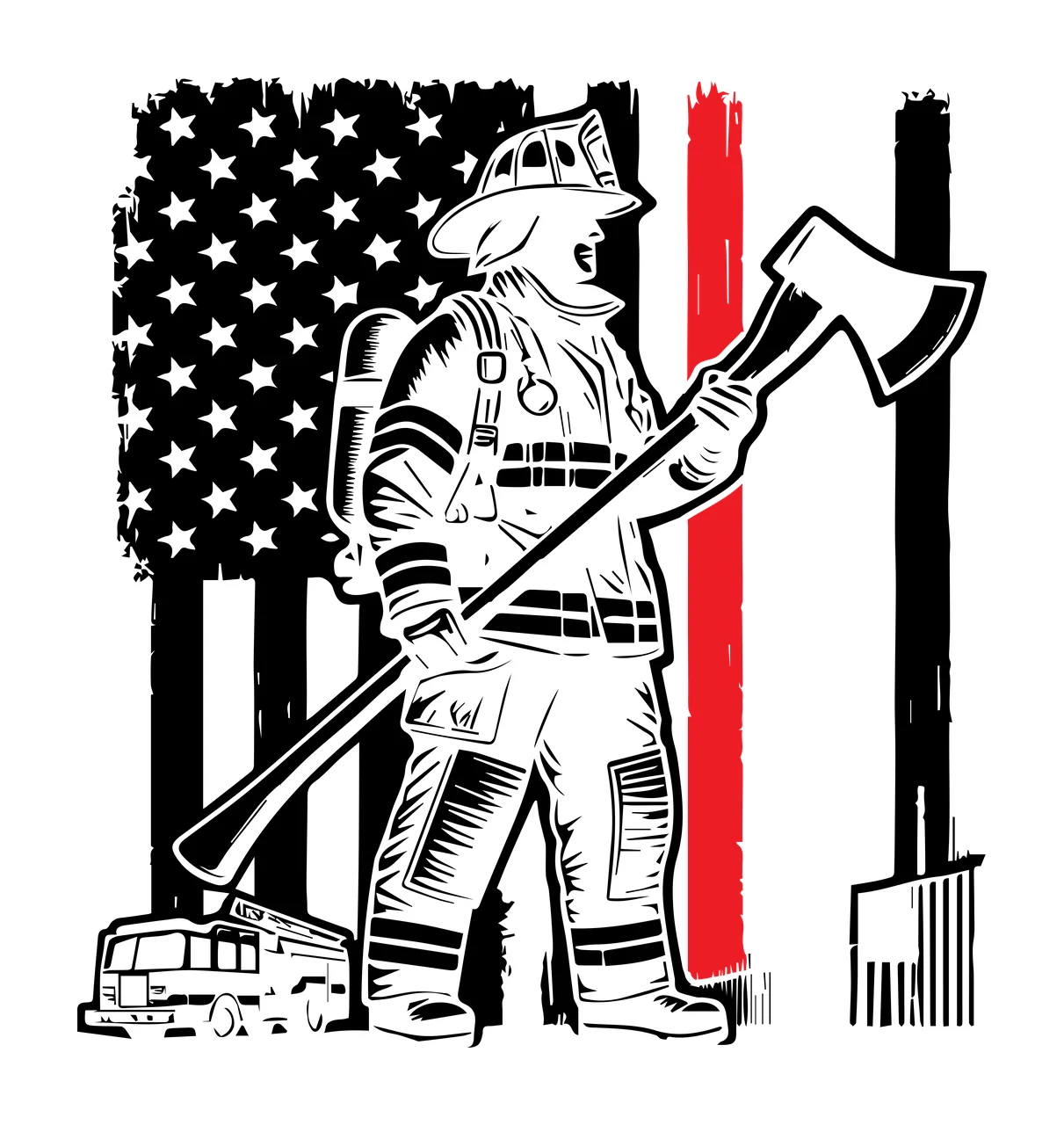 Flag Firefighter With Axe Silhouette holding fire truck black