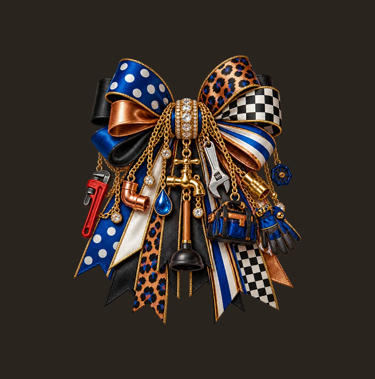 Plumber Bow Charm PNG, Themed Gold Chain Charms, Coquette Ribbon Sublimation Design, Transparent Digital Download contrast preview thumbnail